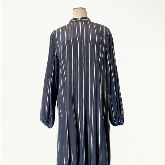AKRIS Navy & Jasmine Stripe Silk Long Sleeve Dress