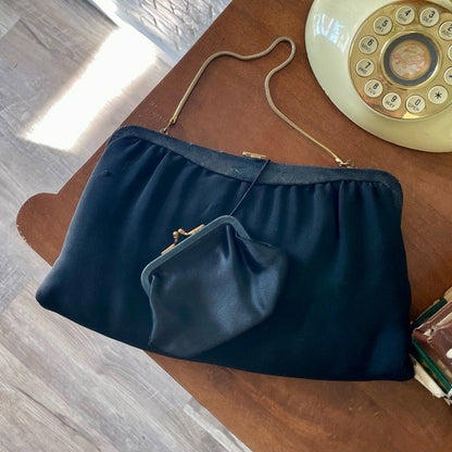 Vintage 1950s Black Fabric Bag + Change Purse Set