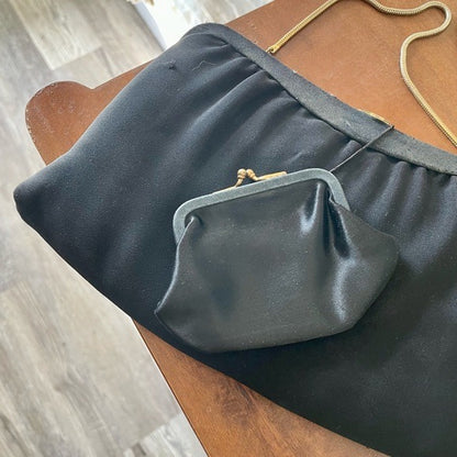 Vintage 1950s Black Fabric Bag + Change Purse Set