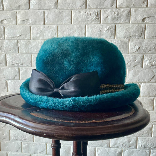 Vintage 1960s Duchess Italian Blue Faux Fur Bucket Hat + Ribbon Bow Applique Detail