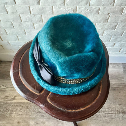 Vintage 1960s Duchess Italian Blue Faux Fur Bucket Hat + Ribbon Bow Applique Detail