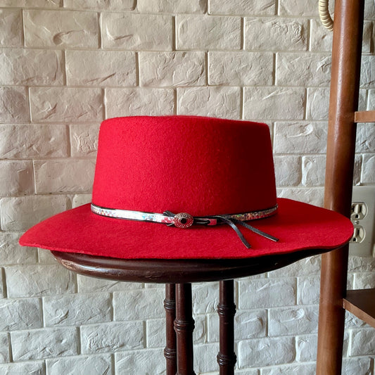 VIntage Red 100% Wool Felt Western Hat Silver Concho Hatband