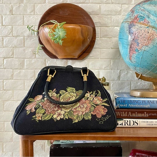 Vintage Lilac Floral Tapestry Needlepoint Bag