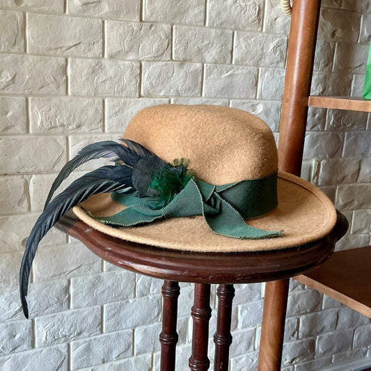Vintage Capo Feathered Tan Wool Hat + Ribbon Hatband