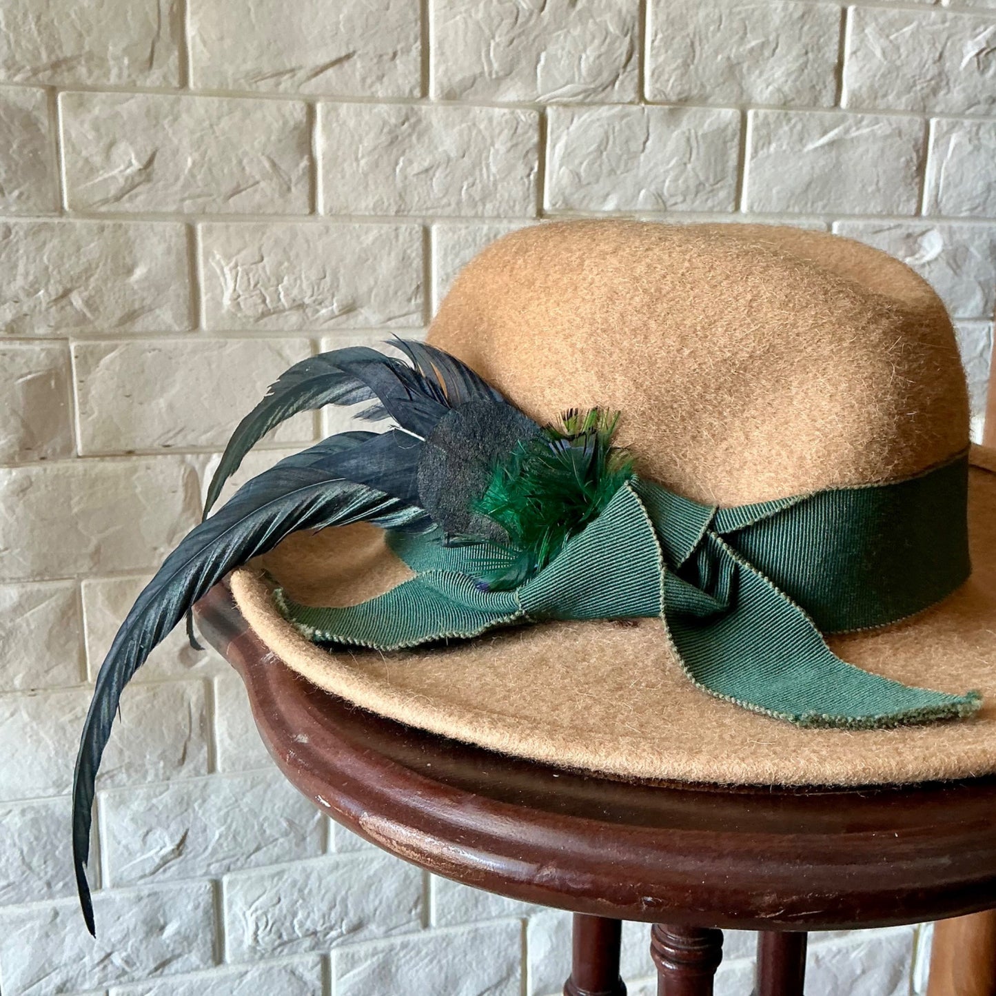 Vintage Capo Feathered Tan Wool Hat + Ribbon Hatband