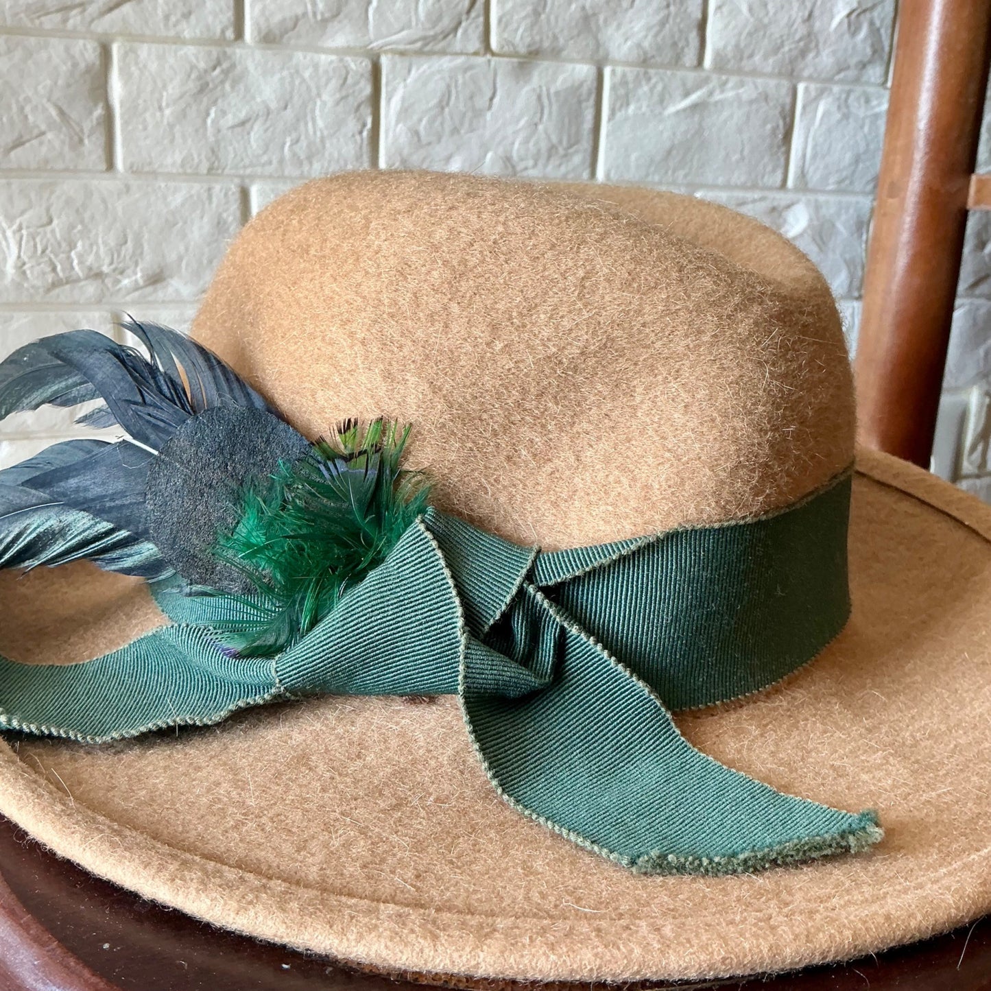 Vintage Capo Feathered Tan Wool Hat + Ribbon Hatband