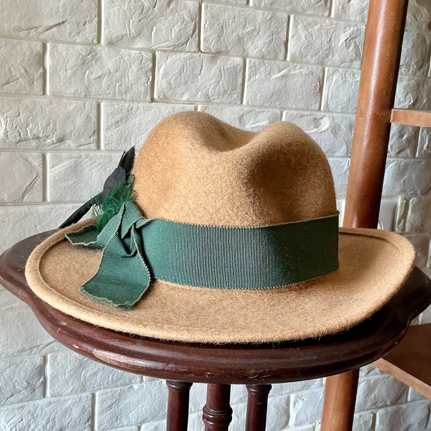 Vintage Capo Feathered Tan Wool Hat + Ribbon Hatband