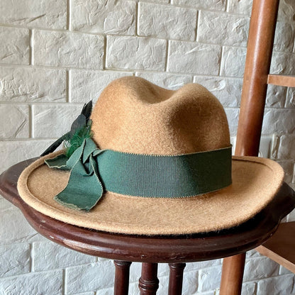Vintage Capo Feathered Tan Wool Hat + Ribbon Hatband