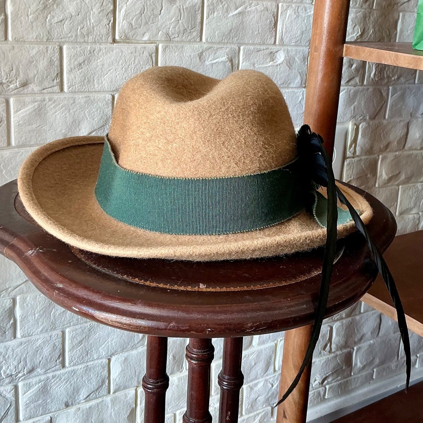 Vintage Capo Feathered Tan Wool Hat + Ribbon Hatband