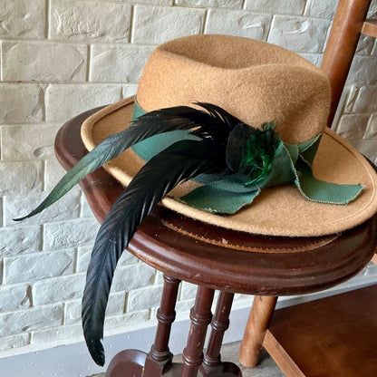 Vintage Capo Feathered Tan Wool Hat + Ribbon Hatband