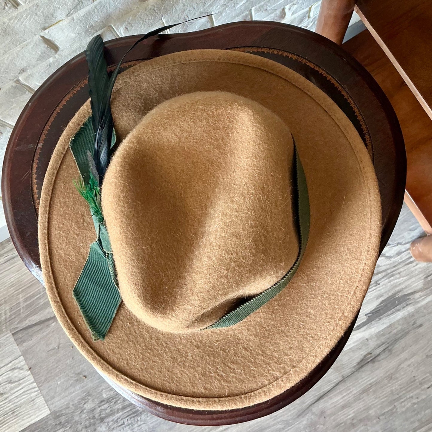Vintage Capo Feathered Tan Wool Hat + Ribbon Hatband