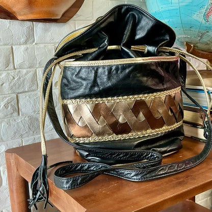 Vintage 1980s 90s Leather Drawstring Bucket Bag