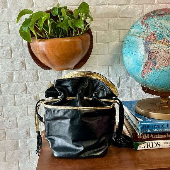 Vintage 1980s 90s Leather Drawstring Bucket Bag