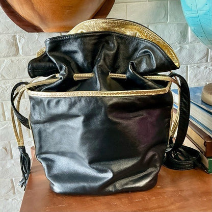 Vintage 1980s 90s Leather Drawstring Bucket Bag