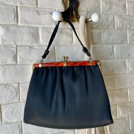 Vintage 1960s Andre Black Fabric Bag + Tortoise Shell Purse