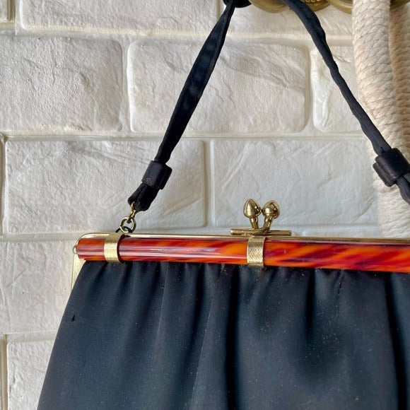 Vintage 1960s Andre Black Fabric Bag + Tortoise Shell Purse