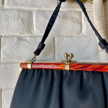 Vintage 1960s Andre Black Fabric Bag + Tortoise Shell Purse