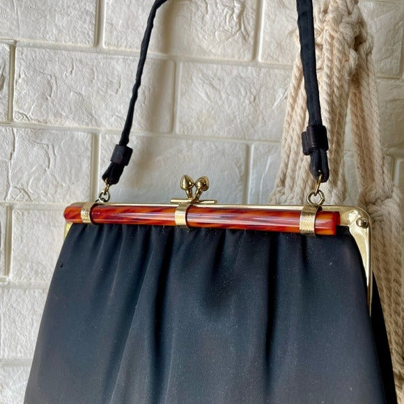 Vintage 1960s Andre Black Fabric Bag + Tortoise Shell Purse
