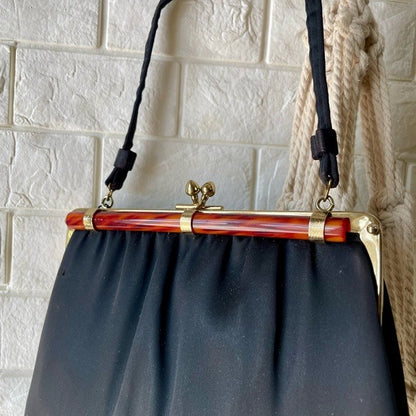 Vintage 1960s Andre Black Fabric Bag + Tortoise Shell Purse