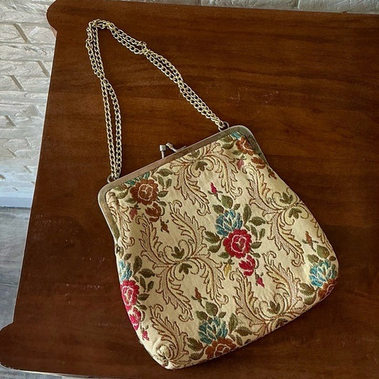 Vintage 50s 60s La Regale Floral Tapestry Brocade Fabric Bag