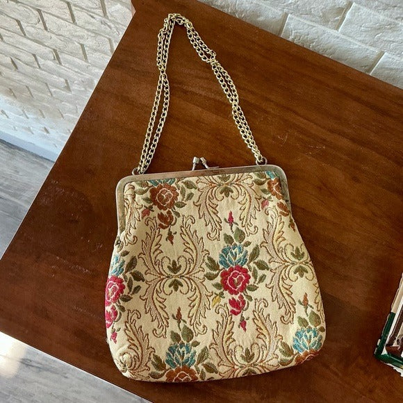 Vintage 50s 60s La Regale Floral Tapestry Brocade Fabric Bag