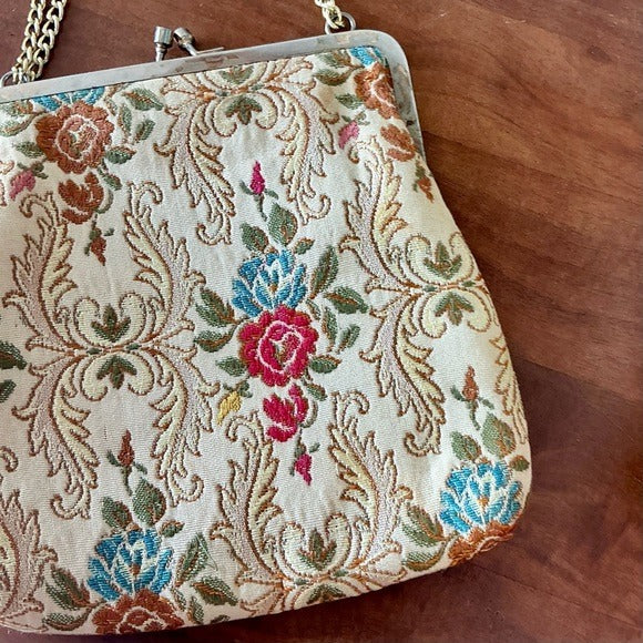 Vintage 50s 60s La Regale Floral Tapestry Brocade Fabric Bag