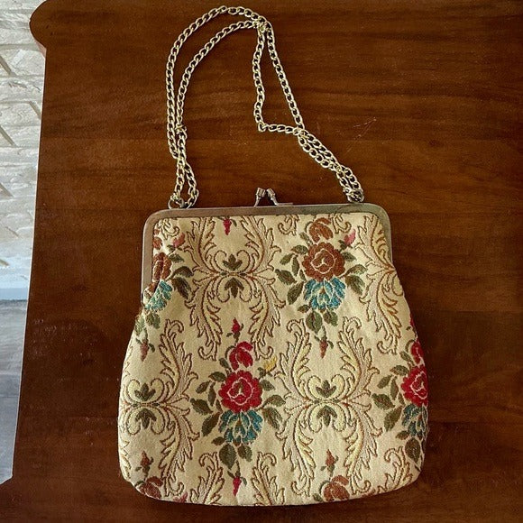 Vintage 50s 60s La Regale Floral Tapestry Brocade Fabric Bag