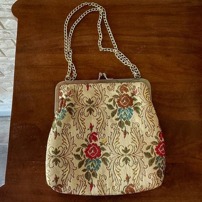 Vintage 50s 60s La Regale Floral Tapestry Brocade Fabric Bag