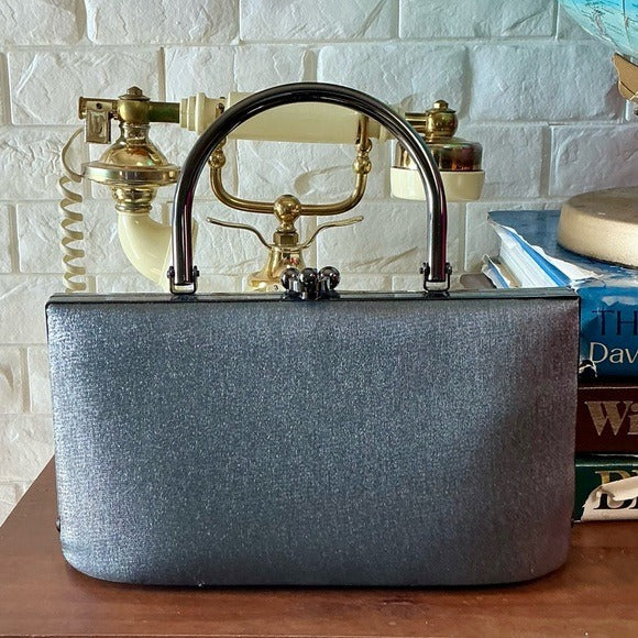 Vintage Structured Pewter Fabric Top Handle Bag