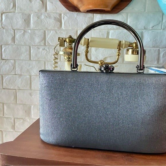 Vintage Structured Pewter Fabric Top Handle Bag