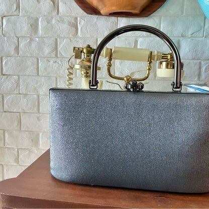 Vintage Structured Pewter Fabric Top Handle Bag