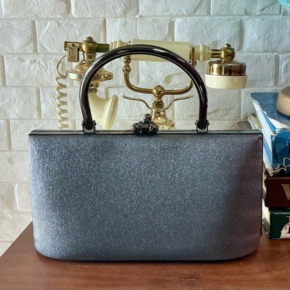 Vintage Structured Pewter Fabric Top Handle Bag