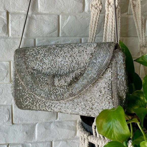 Vintage Hand-Beaded Bow Shoulder Bag